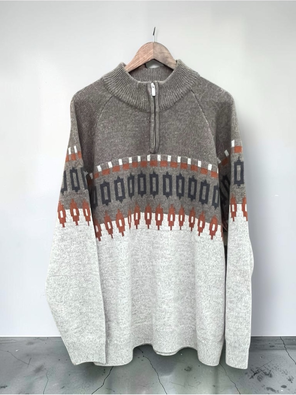 Tu Man Fair Isle Geometric Quarter Zip Wool Blend Sweater XXXL 54-56
